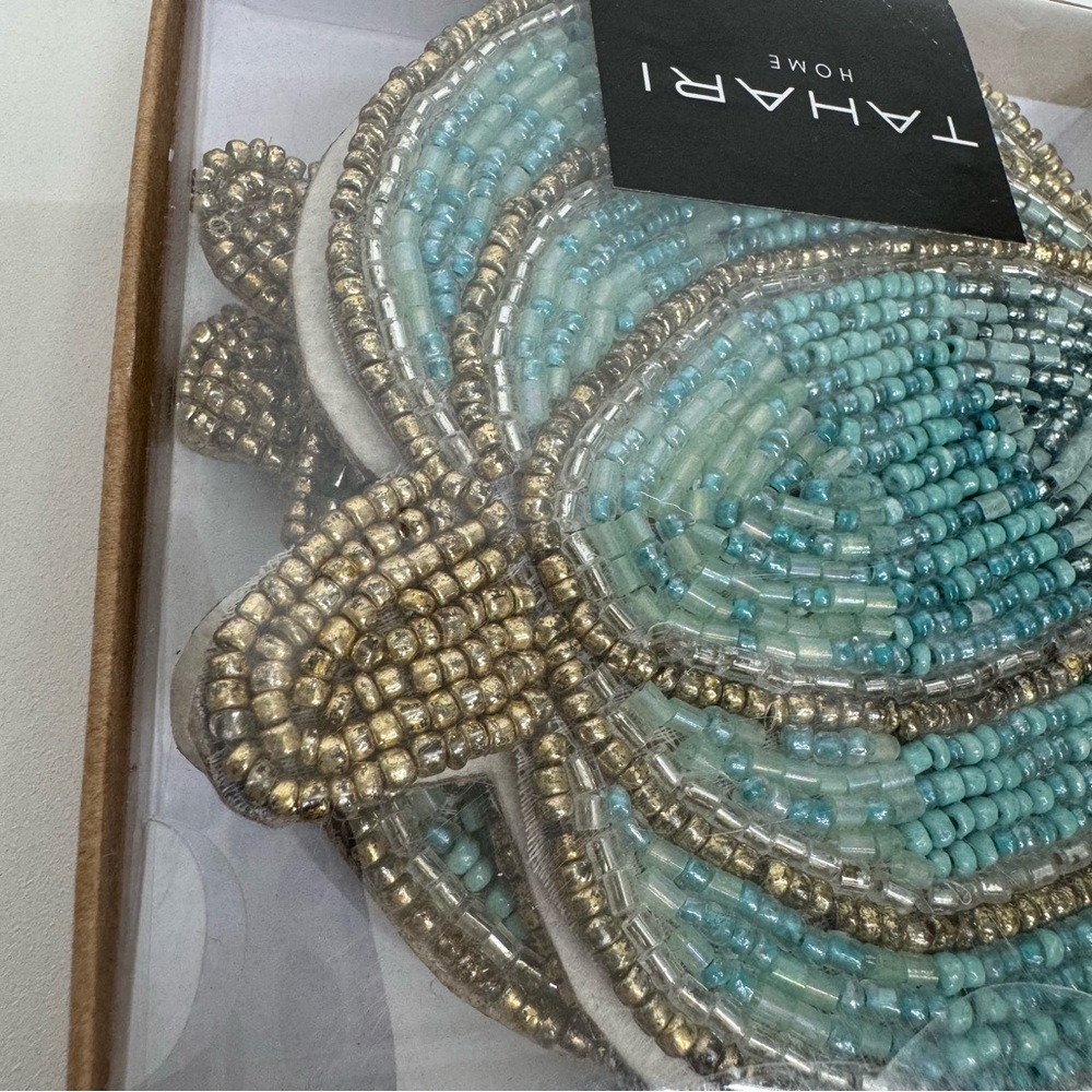 Tahari Home Set of 4 Pumpkin Drink Coasters Beaded Blue Aqua Teal & Gold New Nib - Picture 3 of 9